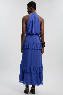 Robe Longue Tissée À Col Licou En Mousseline Froissée