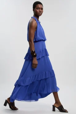 Robe Longue Tissée À Col Licou En Mousseline Froissée