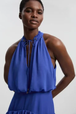 Robe Longue Tissée À Col Licou En Mousseline Froissée