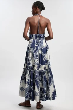 KarenMillen Robe Longue Tissée À Col Licou Imprimé Chaîne À Volants Étagés En Coton Froncé<Femme Toutes Les Robes|Robes