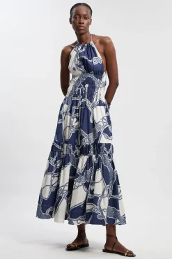 KarenMillen Robe Longue Tissée À Col Licou Imprimé Chaîne À Volants Étagés En Coton Froncé<Femme Toutes Les Robes|Robes