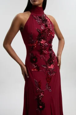 Robe Longue Tissée À Col Licou Ornée De Plumes En Georgette Petite Taille