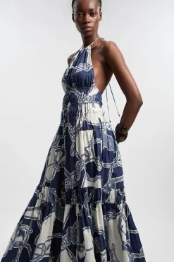 Robe Longue Tissée À Col Licou À Volants En Coton Avec Imprimé Chaîne Petite