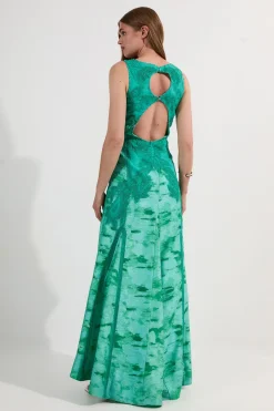 Robe Longue Tissée à Col V Profond Ornée Motif Tropical Dévoré Petite Taille
