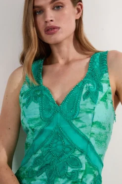 Robe Longue Tissée à Col V Profond Ornée Motif Tropical Dévoré Petite Taille