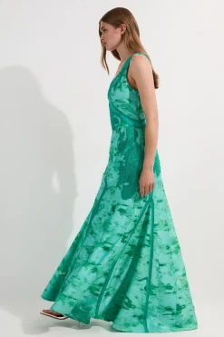 Robe Longue Tissée à Col V Profond Ornée Motif Tropical Dévoré Petite Taille