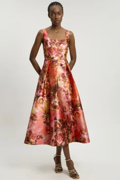 Robe Longue Tissée À Corset Avec Imprimé Floral Orange En Sergé Jacquard