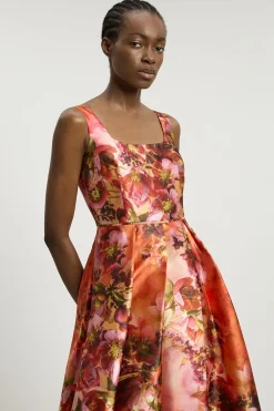 Robe Longue Tissée À Corset Avec Imprimé Floral Orange En Sergé Jacquard
