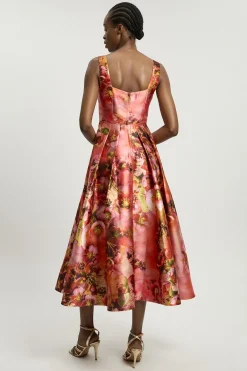 KarenMillen Robe Longue Tissée À Corset Imprimé Floral Orange En Sergé Jacquard Petite<Femme Robes|Robes Longues