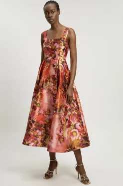 KarenMillen Robe Longue Tissée À Corset Imprimé Floral Orange En Sergé Jacquard Petite<Femme Robes|Robes Longues
