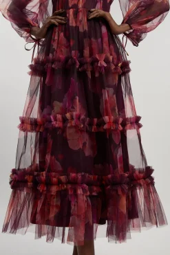 KarenMillen Robe Longue Tissée À Décolleté Plongeant Avec Manches Ballon En Tulle Fleuri<Femme Robes Bal De Promo|Robes À Manches Longues