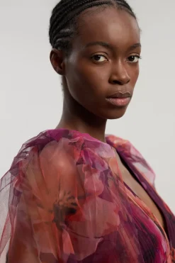 KarenMillen Robe Longue Tissée À Décolleté Plongeant Avec Manches Ballon En Tulle Fleuri<Femme Robes Bal De Promo|Robes À Manches Longues