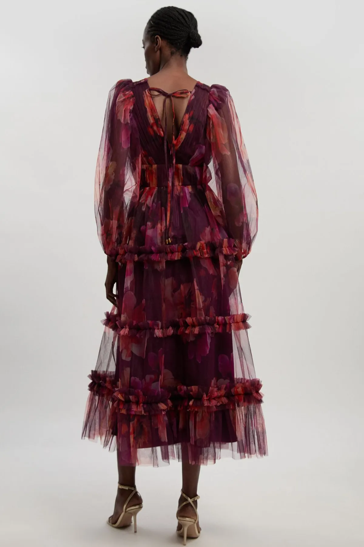 KarenMillen Robe Longue Tissée À Décolleté Plongeant Avec Manches Ballon En Tulle Fleuri<Femme Robes Bal De Promo|Robes À Manches Longues
