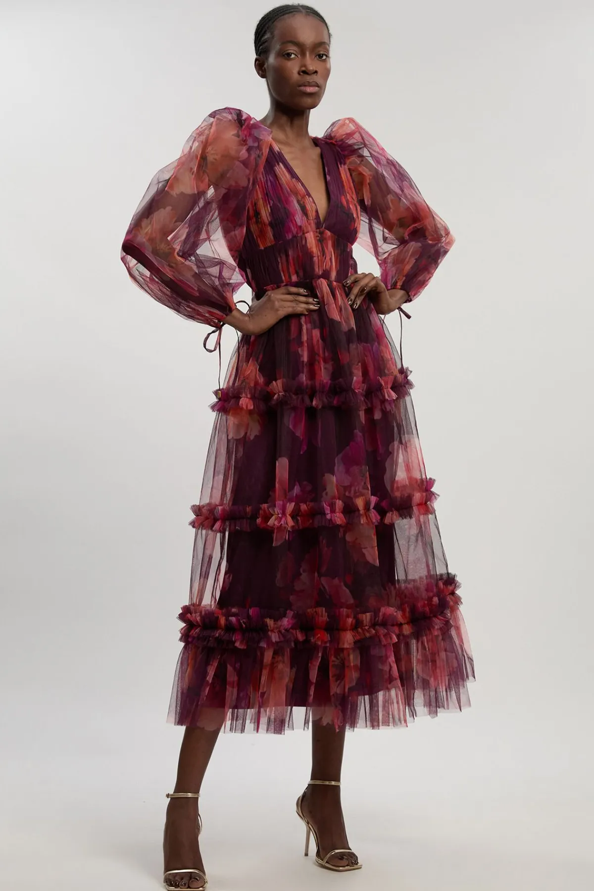 KarenMillen Robe Longue Tissée À Décolleté Plongeant Avec Manches Ballon En Tulle Fleuri<Femme Robes Bal De Promo|Robes À Manches Longues