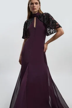 KarenMillen Robe Longue Tissée à Détail Cape Ajourée Ornée de Cristaux - Taille Petite<Femme Robes|Robe Invitée Mariage
