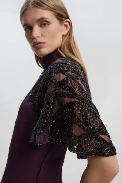 KarenMillen Robe Longue Tissée à Détail Cape Ajourée Ornée de Cristaux - Taille Petite<Femme Robes|Robe Invitée Mariage