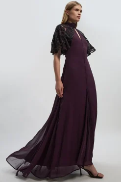 KarenMillen Robe Longue Tissée à Détail Cape Ajourée Ornée de Cristaux - Taille Petite<Femme Robes|Robe Invitée Mariage