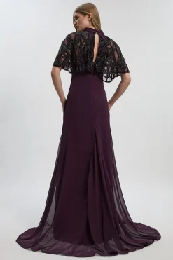 KarenMillen Robe Longue Tissée à Détail Cape Ajourée Ornée de Cristaux - Taille Petite<Femme Robes|Robe Invitée Mariage