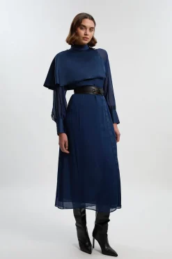 KarenMillen Robe Longue Tissée à Détail Cape Transparente Style Militaire<Femme Tops D’Automne|Tops