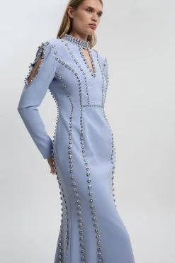 Robe Longue Tissée à Détail Plongeant Ornée de Cristaux