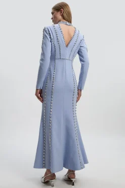 Robe Longue Tissée à Détail Plongeant Ornée de Cristaux