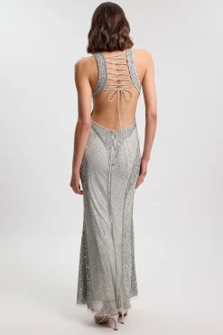 Robe Longue Tissée À Encolure Américaine Ornée De Cristaux