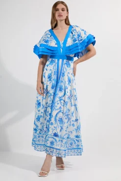Robe Longue Tissée à Encolure Plongeante et Manches à Volants en Organdi avec Imprimé Floral