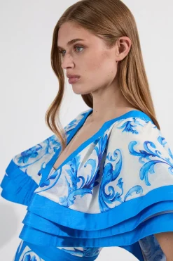 Robe Longue Tissée à Encolure Plongeante et Manches à Volants en Organdi avec Imprimé Floral