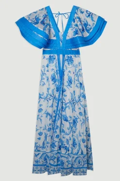 Robe Longue Tissée à Encolure Plongeante et Manches à Volants en Organdi avec Imprimé Floral