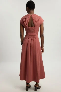 Robe Longue Tissée À Encolure V Froncée Avec Ceinture