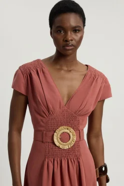 Robe Longue Tissée À Encolure V Froncée Avec Ceinture