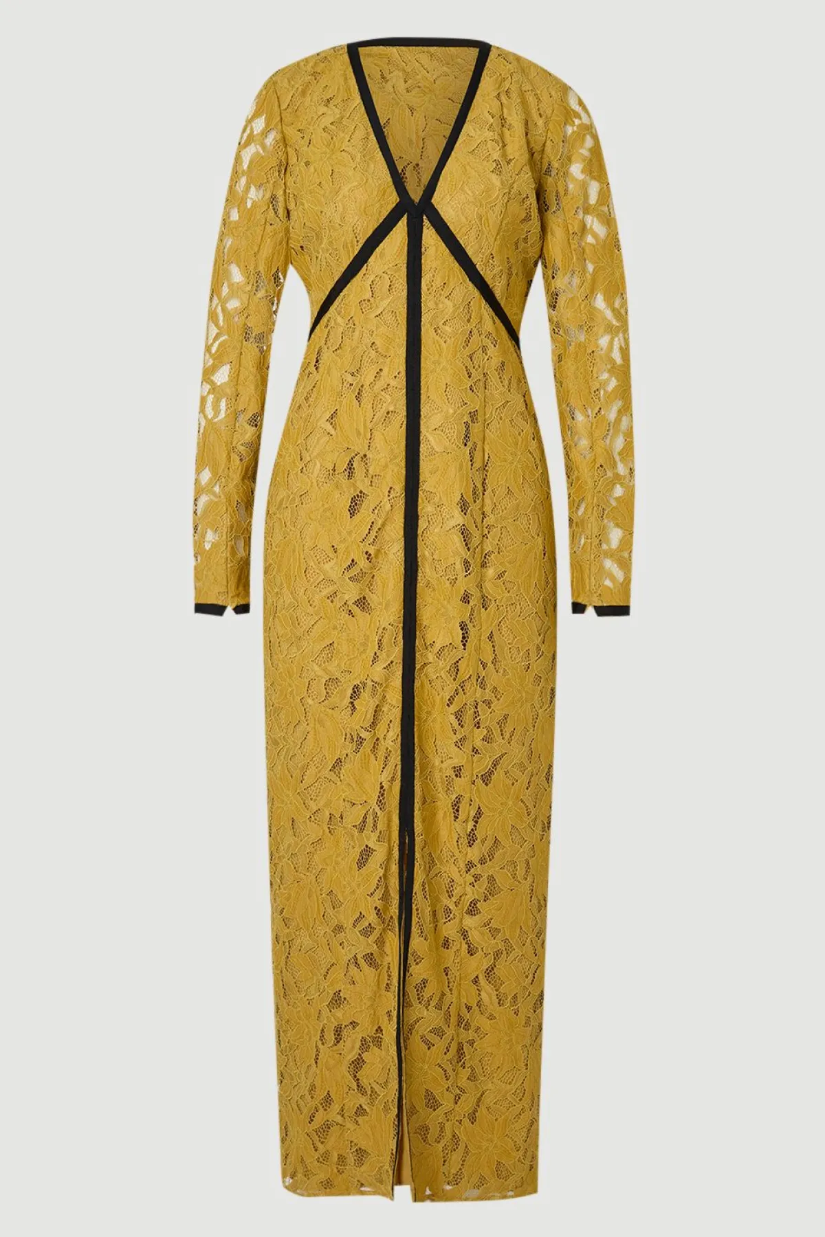KarenMillen Robe longue tissée en dentelle à manches longues avec passepoil noir<Femme Satin Et Dentelle|Robes À Manches Longues