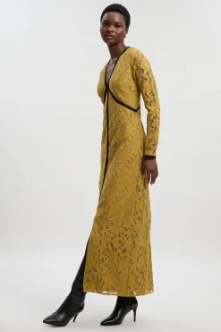 KarenMillen Robe longue tissée en dentelle à manches longues avec passepoil noir<Femme Satin Et Dentelle|Robes À Manches Longues