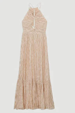 Robe Longue Tissée en Georgette Métallisée Viscose à Col Licou