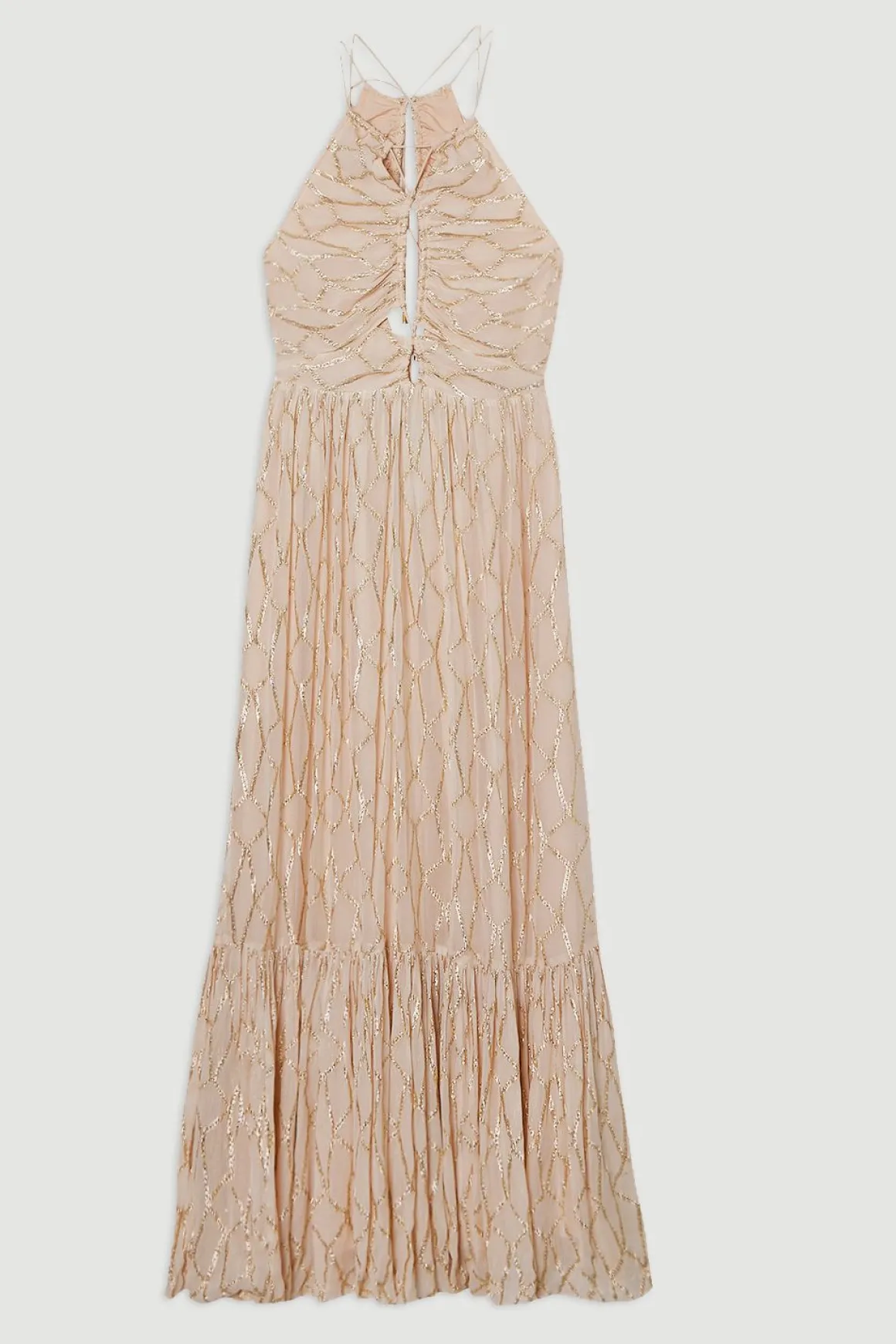 Robe Longue Tissée en Georgette Métallisée Viscose à Col Licou