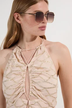 Robe Longue Tissée en Georgette Métallisée Viscose à Col Licou
