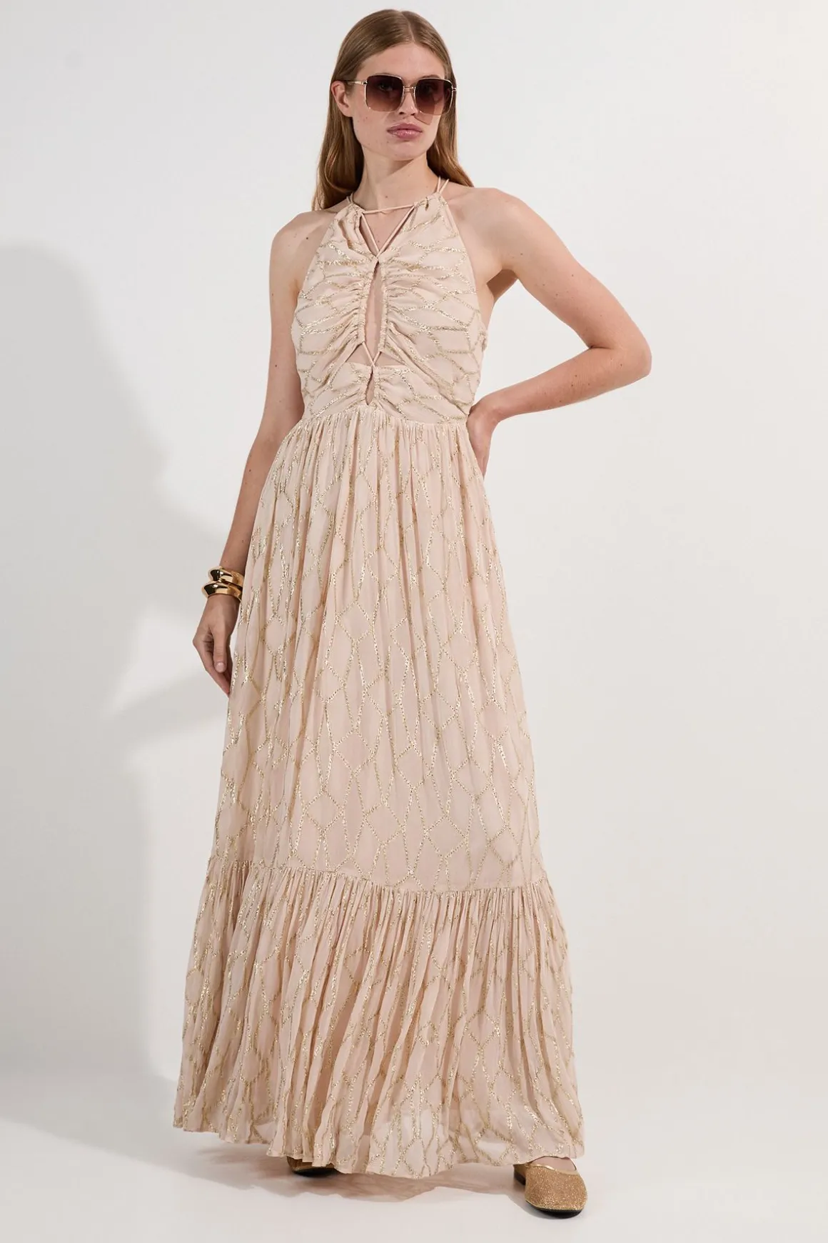 Robe Longue Tissée en Georgette Métallisée Viscose à Col Licou