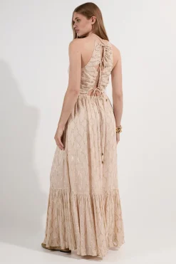Robe Longue Tissée en Georgette Métallisée Viscose à Col Licou