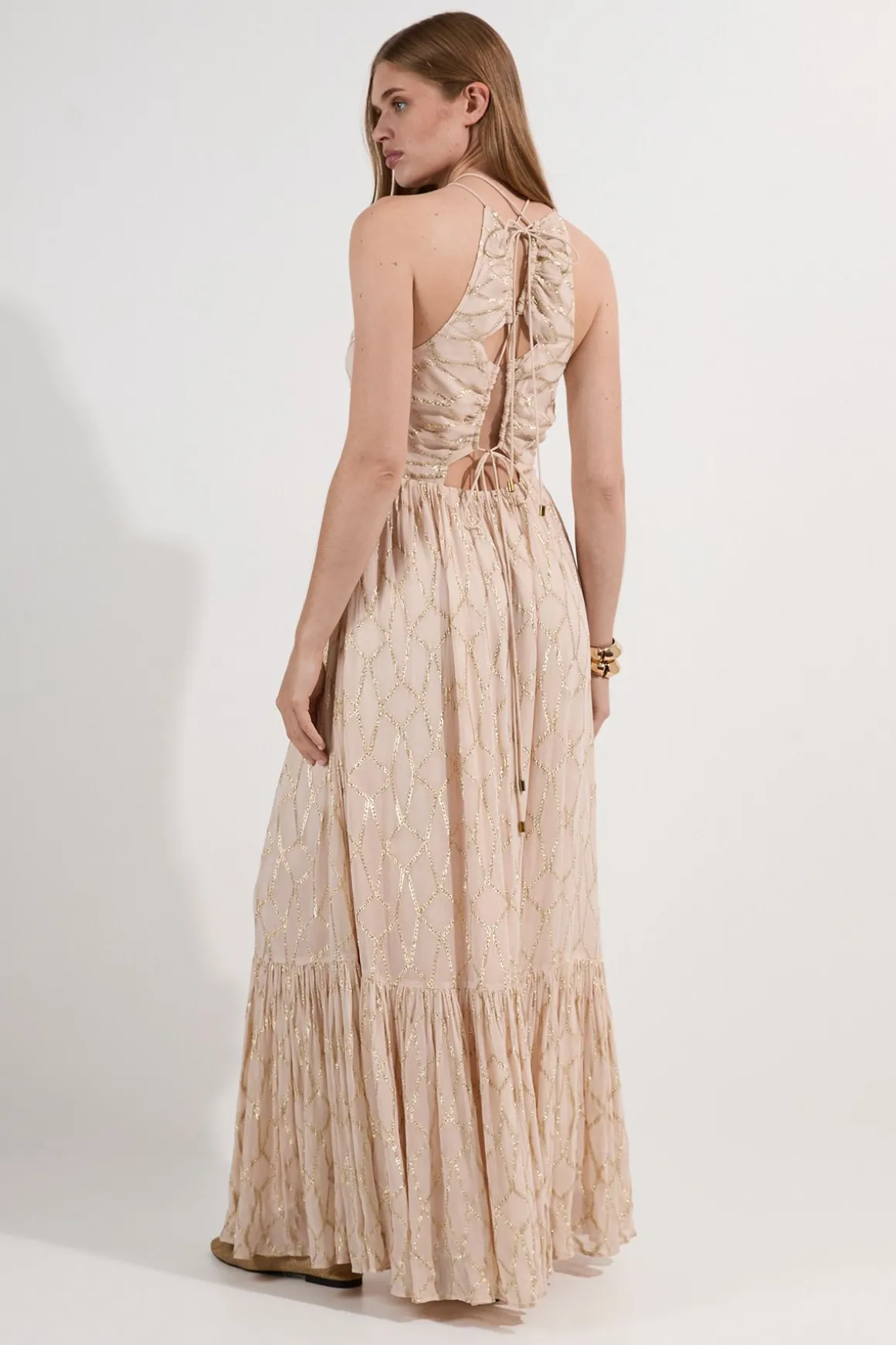 Robe Longue Tissée en Georgette Métallisée Viscose à Col Licou