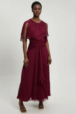 Robe Longue Tissée En Georgette De Viscose Avec Manches Cape Et Volants Petite