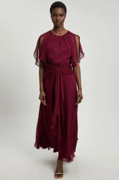 Robe Longue Tissée En Georgette De Viscose À Manches Cape Et Volants