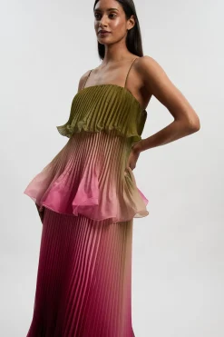 Robe Longue Tissée En Organdi Slub Plissée Avec Basque