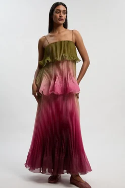 Robe Longue Tissée En Organdi Slub Plissée Avec Basque