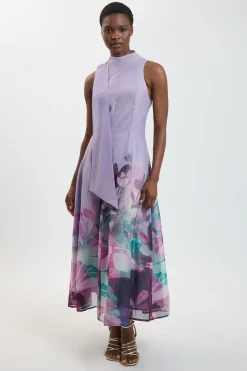 Robe Longue Tissée En Organza À Imprimé Floral Photographique Avec Détail Foulard