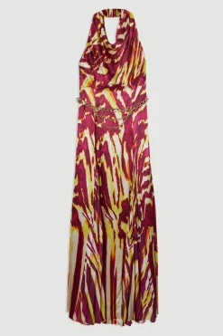 KarenMillen Robe Longue Tissée en Satin de Viscose à Imprimé Bordure et Col Licou<Femme Satin Et Dentelle|Robes