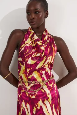 KarenMillen Robe Longue Tissée en Satin de Viscose à Imprimé Bordure et Col Licou<Femme Satin Et Dentelle|Robes