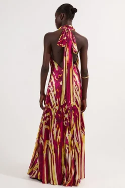 KarenMillen Robe Longue Tissée en Satin de Viscose à Imprimé Bordure et Col Licou<Femme Satin Et Dentelle|Robes