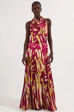 KarenMillen Robe Longue Tissée en Satin de Viscose à Imprimé Bordure et Col Licou<Femme Satin Et Dentelle|Robes