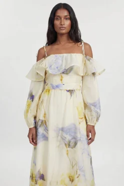 KarenMillen Robe Longue Tissée À Fleurs Bleues Froncée À Épaules Dénudées<Femme Toutes Les Robes|Robes Longues