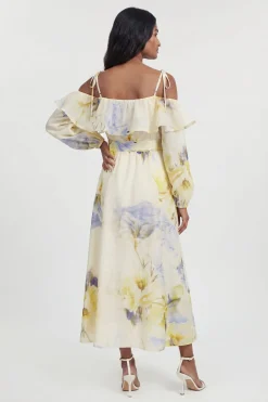 KarenMillen Robe Longue Tissée À Fleurs Bleues Froncée À Épaules Dénudées<Femme Toutes Les Robes|Robes Longues